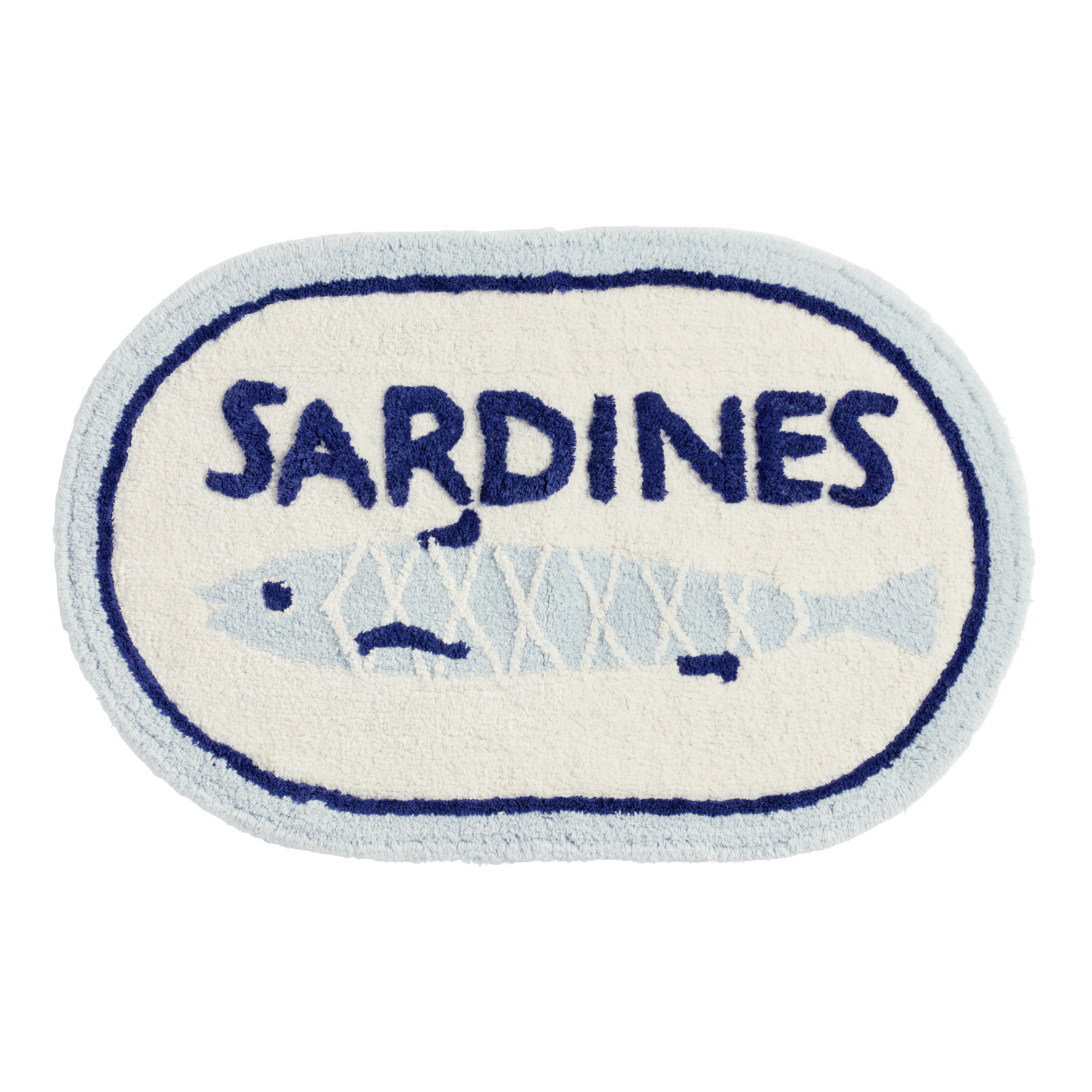 Oval Blue and Ivory Sardine Can Bath Mat | World Market