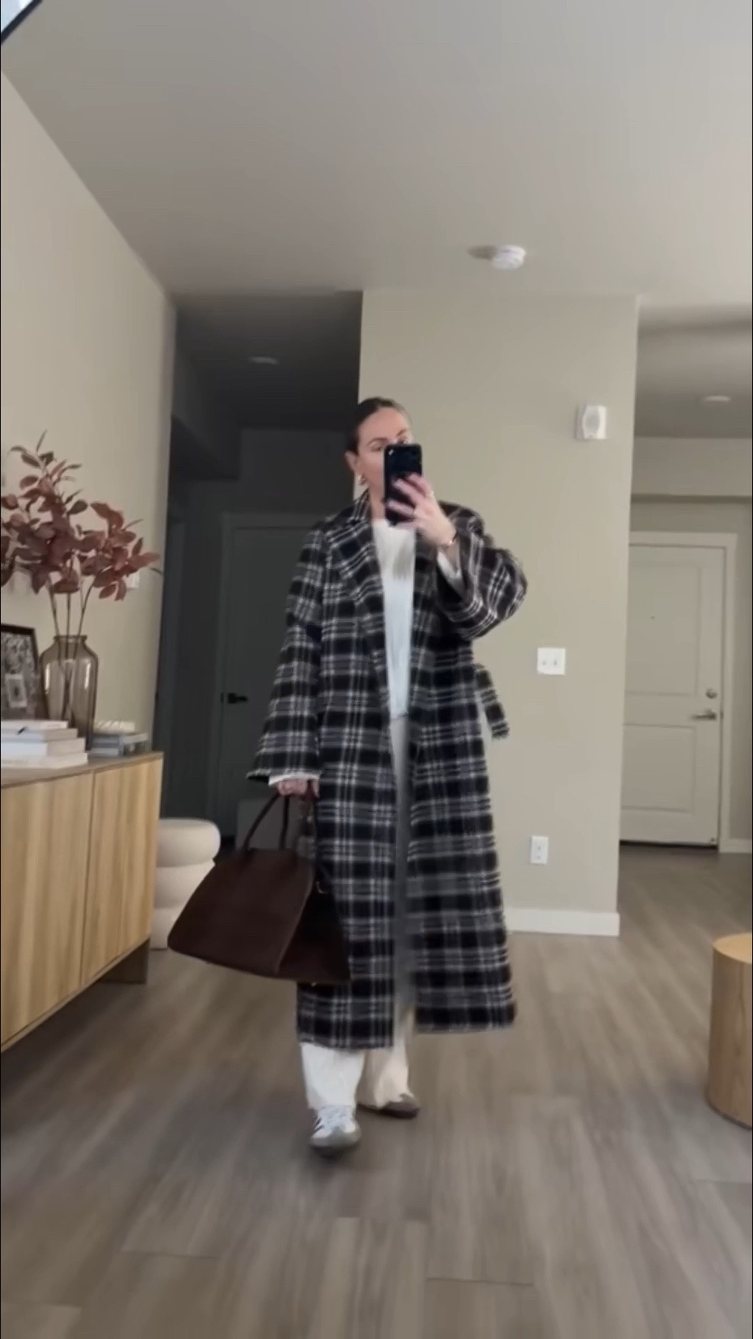 the viral amazon cable knit loungewear set and oversized plaid coat.  i'm 5'7 wearing Small  suede tote bag in coffee color 