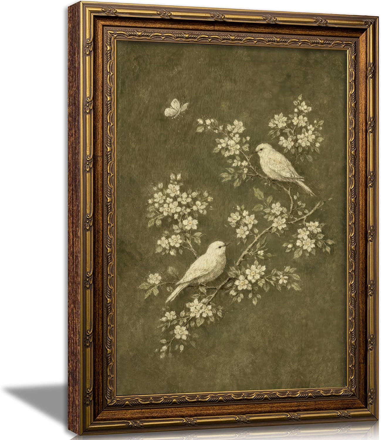 Vintage Gold Framed Bird Wall Art, White Flowers Botanical Oil Painting Canvas Print, Rural Animals Picture Wall Decor, Rustic Farmhouse Poster Artwork for Living Room Bedroom | Amazon (US)