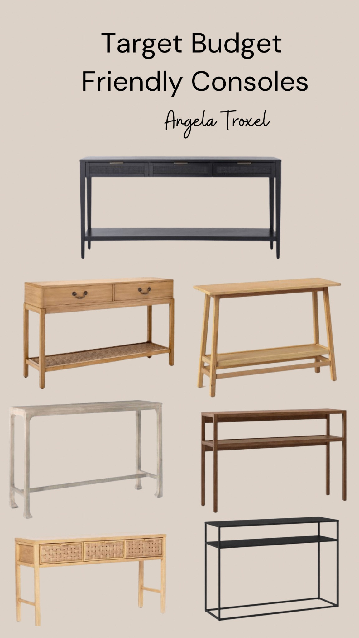 Budget friendly console tables. Entryway consoles, sideboard, Buffett. Target, threshold studio mcgee,  wayfair. Console decor. Modern, black, white oak, light wood. 

#LTKunder100 #LTKsalealert #LTKhome