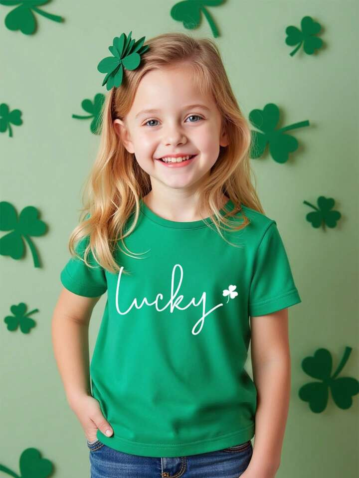 Young Girl' Casual Lucky Clover And English Letter Print Short Sleeve Round Neck T-Shirt, Suitabl... | SHEIN