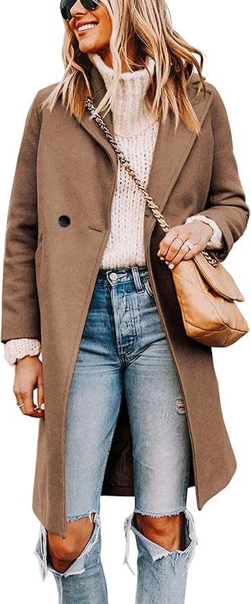 Tanming Women's Notch Lapel Double Breasted Wool Blend Mid Long Pea Trench Coat | Amazon (US)