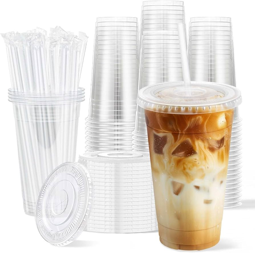 Clawsoff 100 Pack 20 oz Disposable Clear Plastic Cups with Lids and Straws, Leak-Proof Sturdy Col... | Amazon (US)