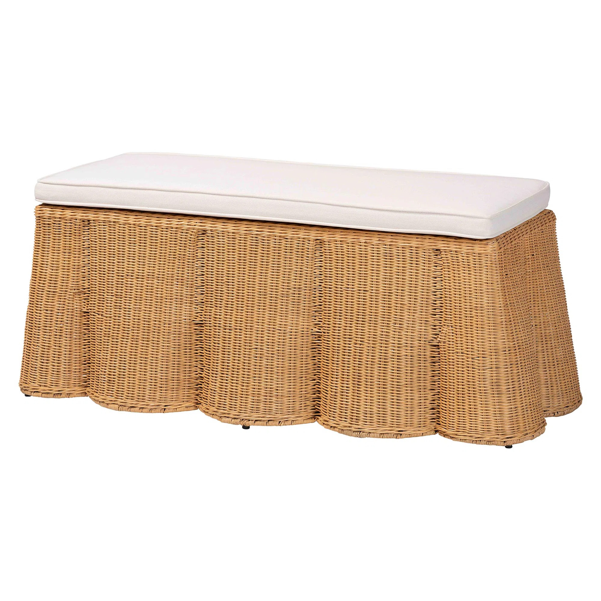 Bali & Pari Palm Scallop Natural Rattan Ottoman With Cushion – Handwoven Wicker Accent Bench | Wayfair North America