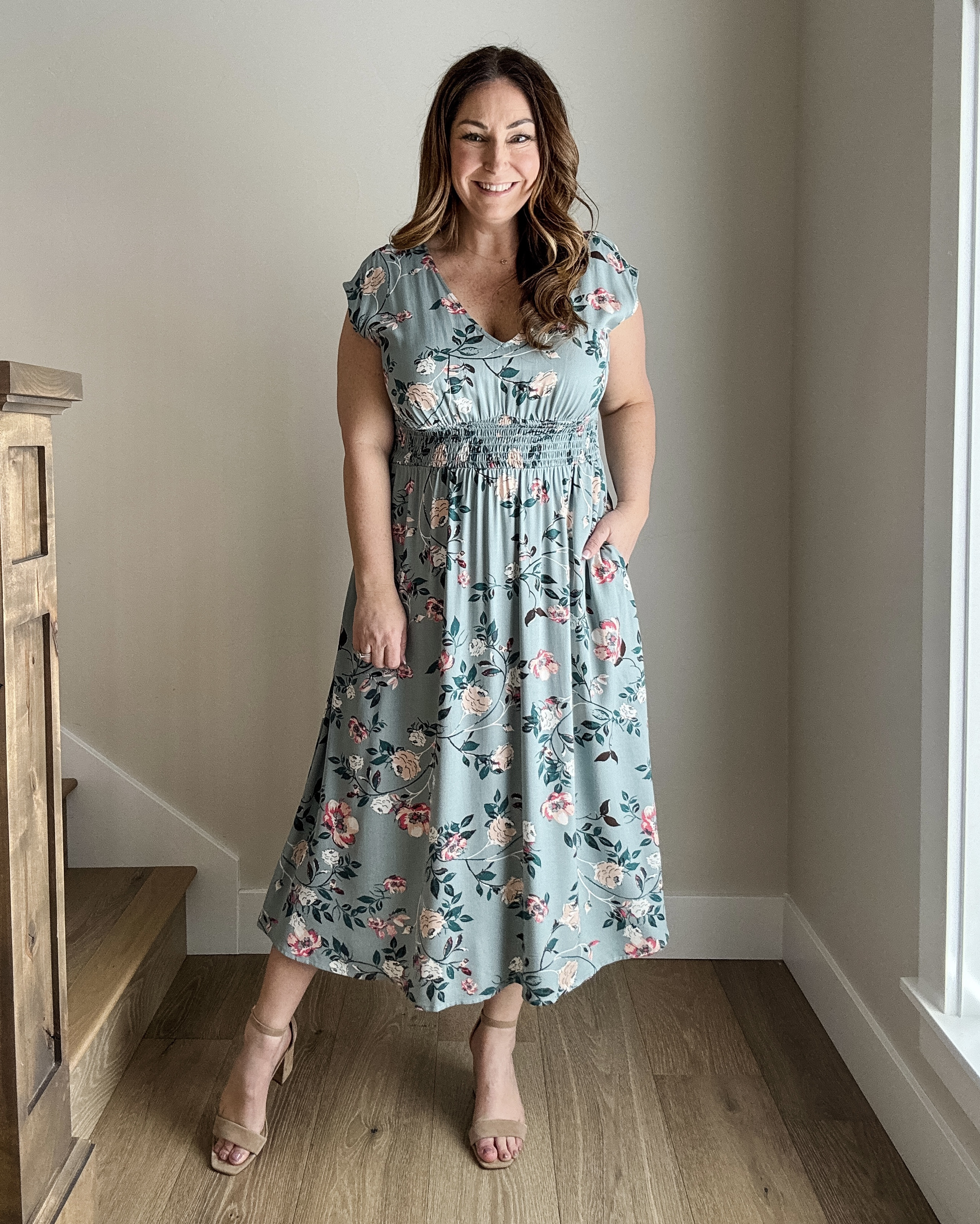 Sage floral midi dress with pockets and smocked waist detail // wearing size L // #FloralDress #SpringOutfit 

 

#LTKSeasonal #LTKMidsize #LTKFindsUnder50