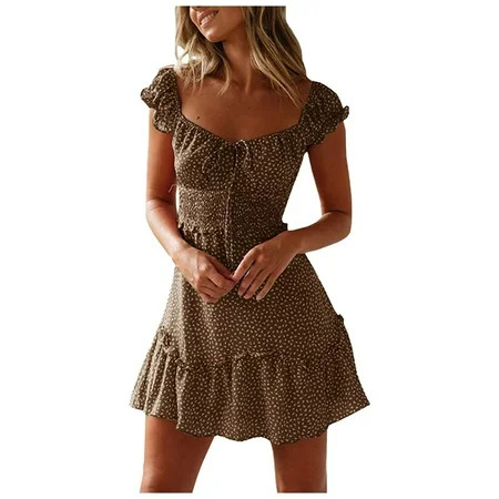 Sngxgn Women s Summer Casual Beach Dresses V Neck Spaghetti Straps Floral Backless Swing Mini Sun Dr | Walmart (US)