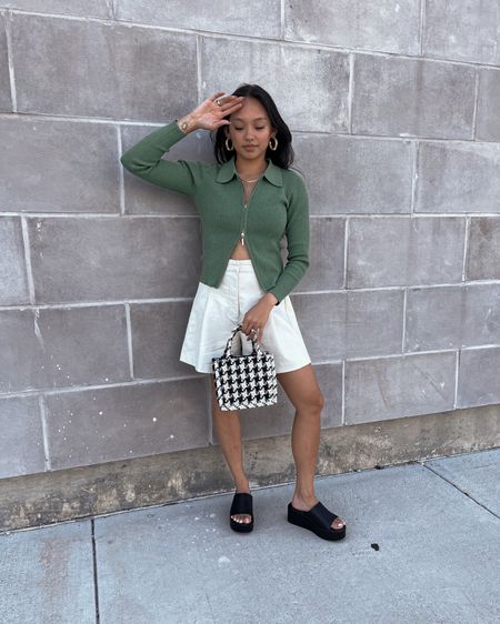 Green zip up sweater, collared sweater with cream faux leather shorts, chunky platform heels, houndstooth purse // early fall outfits, transitional style, transitional outfit, meir, ameirylife 

#LTKSeasonal #LTKU #LTKsalealert