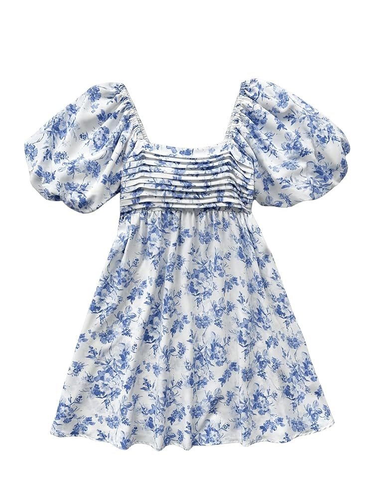 Floerns Women's Floral Dress Puff Sleeve Dress Square Neck Summer Vacation Picnic Mini Dresses | Amazon (US)