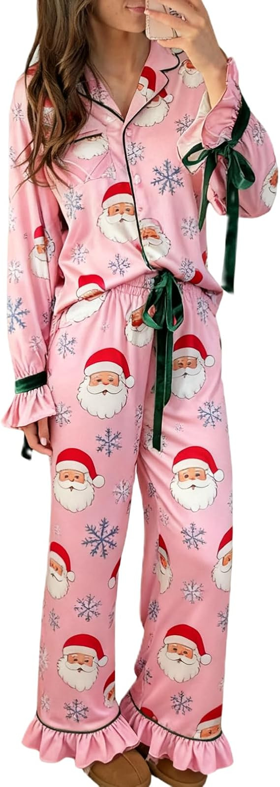 Muineobuka Christmas Pajamas for Women Silk Satin Plaid Shirt and Ruffle Pants Pjs Set Santa Bow ... | Amazon (US)