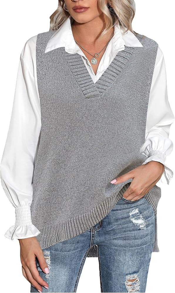 Zeagoo Sweater Vest Women Sleeveless V Neck Oversized Pullover Knitted Tops 2025 Fall Outfits | Amazon (US)