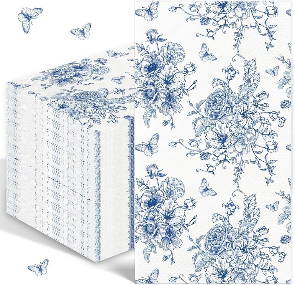 100PCS Blue Floral Napkins Disposable Hand Towels for Bathroom 3 Ply Blue and White Paper Napkins... | Amazon (US)