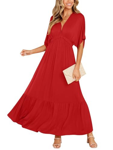 DEEP SELF Women's 2023 Boho Dress Wrap V Neck Short Sleeve Belted Ruffle Hem A-Line Flowy Maxi Dresses Red | Amazon (US)