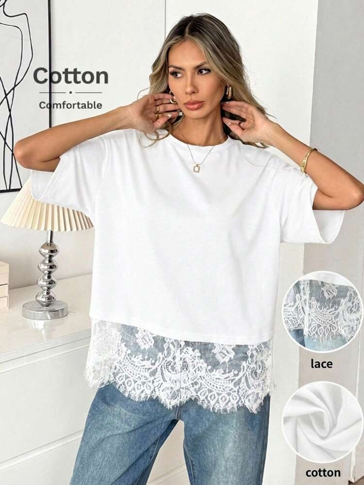 Easowa Black Short Sleeve Round Neck Lace Hem Loose T-Shirt For Women Women's Tops For Summer Women's Cotton Tops Tshirt With Lace Blouses For Women Latest Tops For Women T Shirt With Lace Blouses For Women New T Shirt Latest Tops For Women New Arrivals Lace Bottom Top | SHEIN