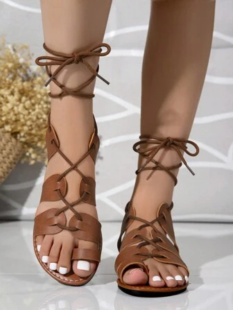 Bohemian Roman Style  Vintage Casual Holiday Criss-Cross Strap Flat Sandals | SHEIN