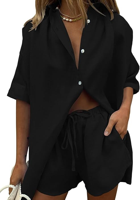 Fixmatti Women 2 Piece Outfits Long Sleeve Button Down Blouse and Shorts Sweatsuit Sets | Amazon (US)