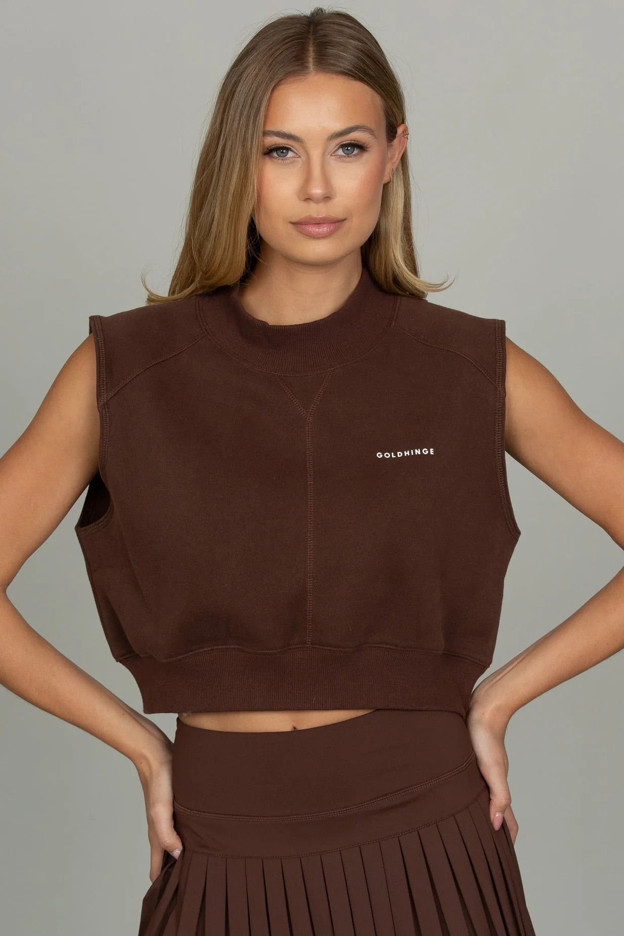 Dark Brown Mock Neck Sleeveless Top | Gold Hinge