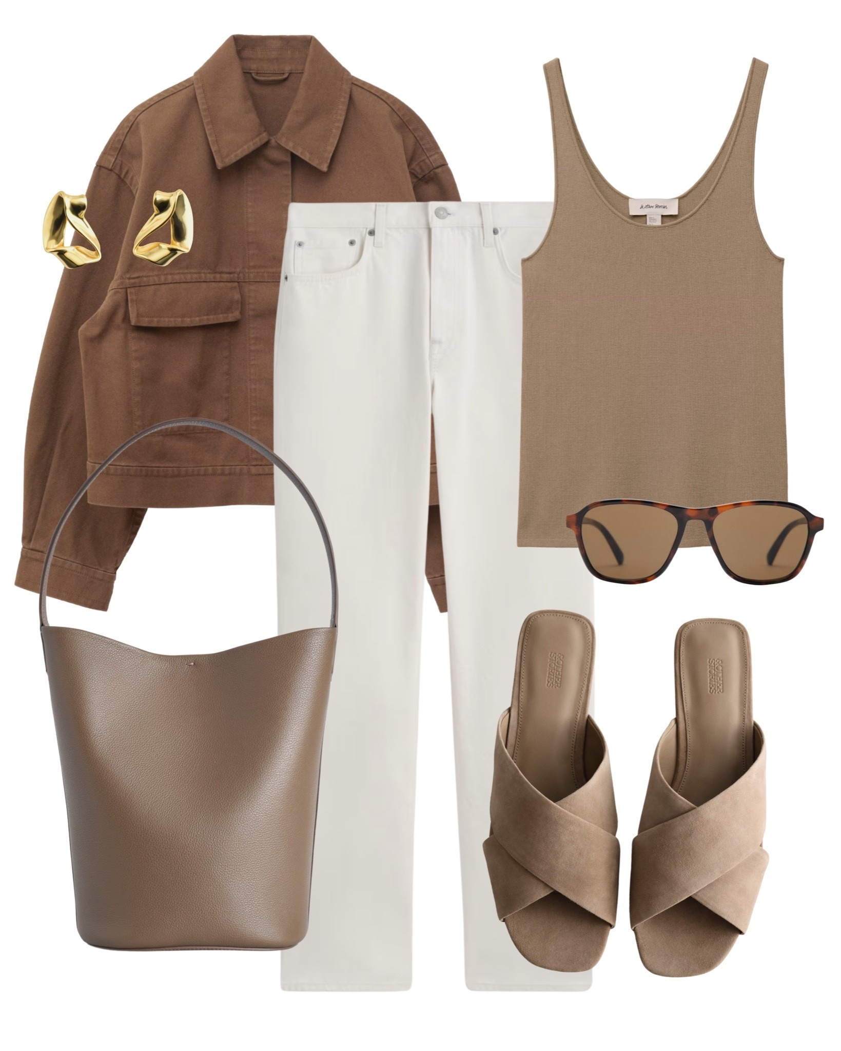 A rich brown jacket paired with crisp white jeans creates a clean contrast with warm, earthy tones. Styled with a taupe tank, soft suede slides and gold accessories for an elevated everyday look with a modern minimal feel.🤎

#LTKworkwear #LTKstyletip