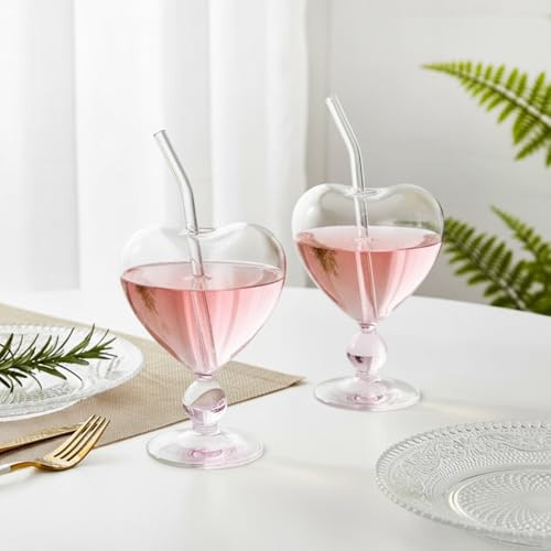 SiliFine 2 Pcs Valentine Heart Shaped Cocktail Glasses, 7.5oz Creative Heart Shaped Wine Glasses with Straw, Valentine Martini Glass, Romantic Cocktail Goblet for Wine Juice Whiskey Home Bar Party | Amazon (US)