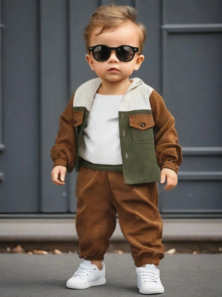 SHEIN Ranchside Kids 2pcs/Set Baby Boys Button-Up Color-Block Long Sleeve Hooded Shacket And Soli... | SHEIN