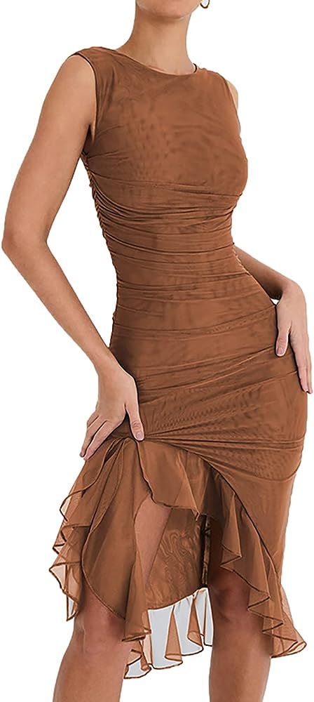 AnotherChill Women's Sleeveless Ruffle Ruched Dress Midi Tank Dresses Irregular Hem Backless Y2k ... | Amazon (US)