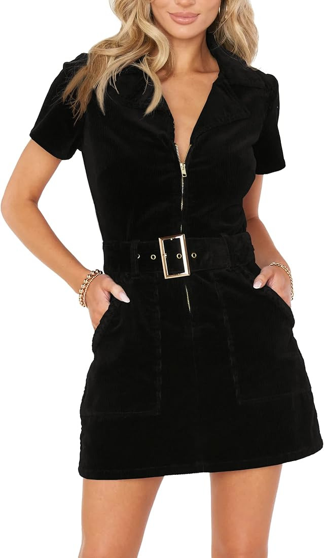 Women's Corduroy Mini Dress Short Sleeve Lapel Zip Up Belted Cowgirl Dresses with Pockets | Amazon (US)