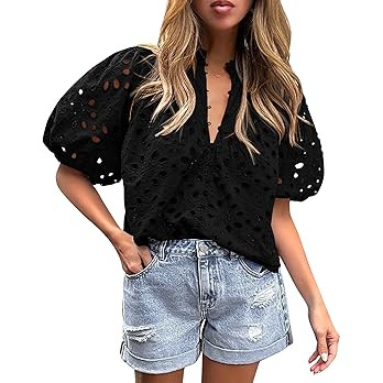 PRETTYGARDEN Women's Summer Tops Dressy Casual Short Lantern Sleeve V Neck Buttons Hollow Out Lac... | Amazon (US)