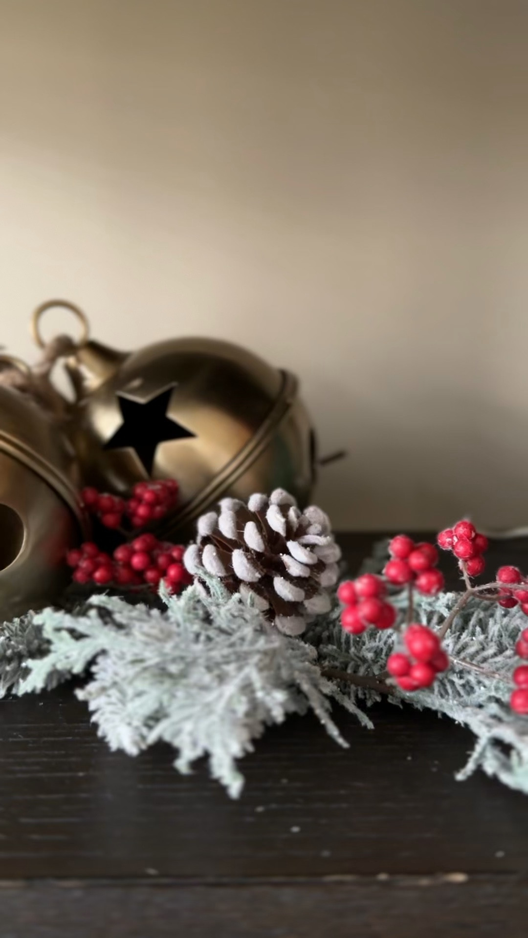 A traditional and nostalgic Christmas shelf styling vignette 

On my modern shelf in the den I styles vintage inspired oversized jingle bells on a bed of flocked winter stems with a touch of red berries. 

Christmas decor // holiday decor // shelf styling // Christmas bells // holiday stems // holiday picks // holiday home

#LTKhome #LTKVideo #LTKHoliday