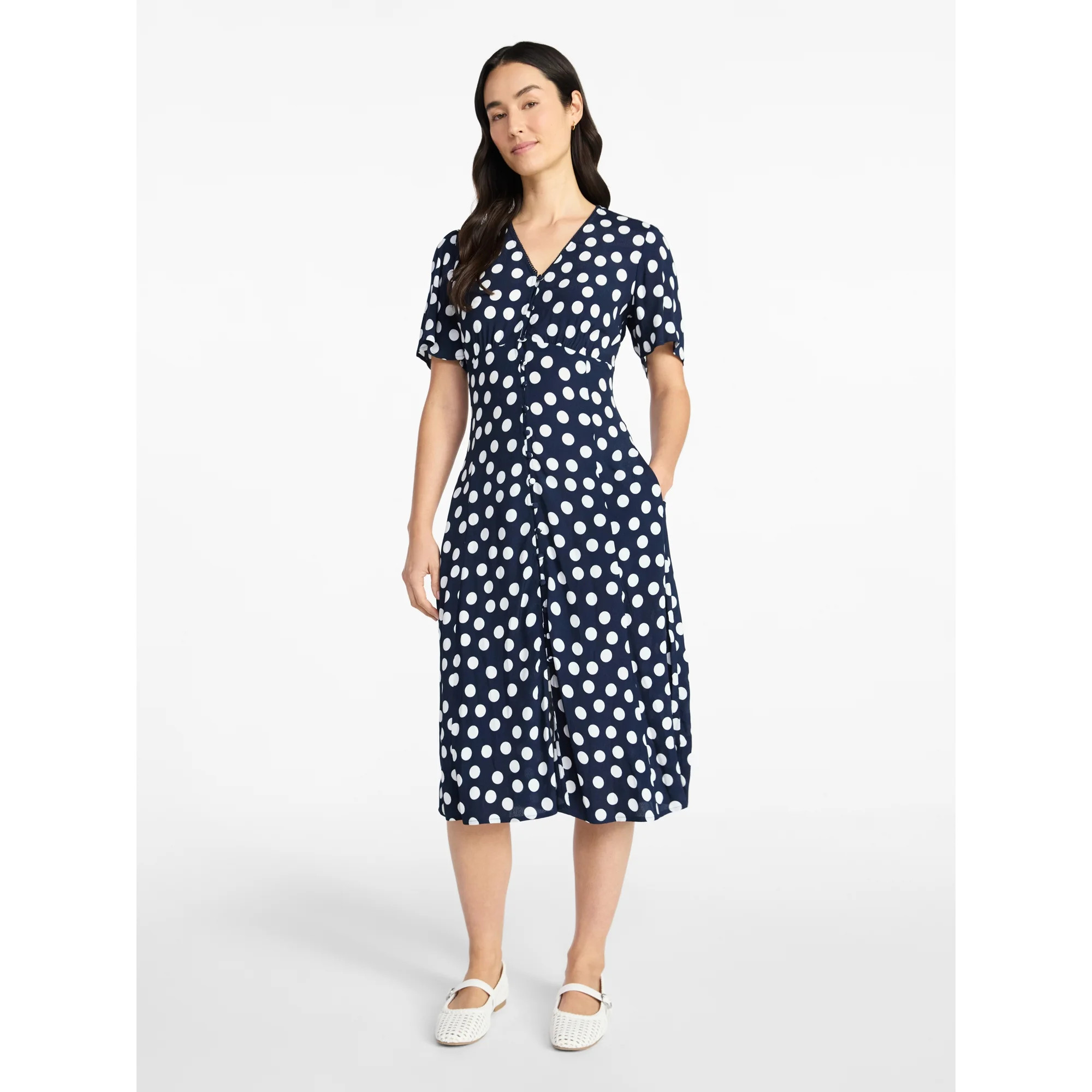 Time and Tru Women's Empire Waist Midi Dress with Short Sleeves, Sizes XS-XXXL | Walmart (US)