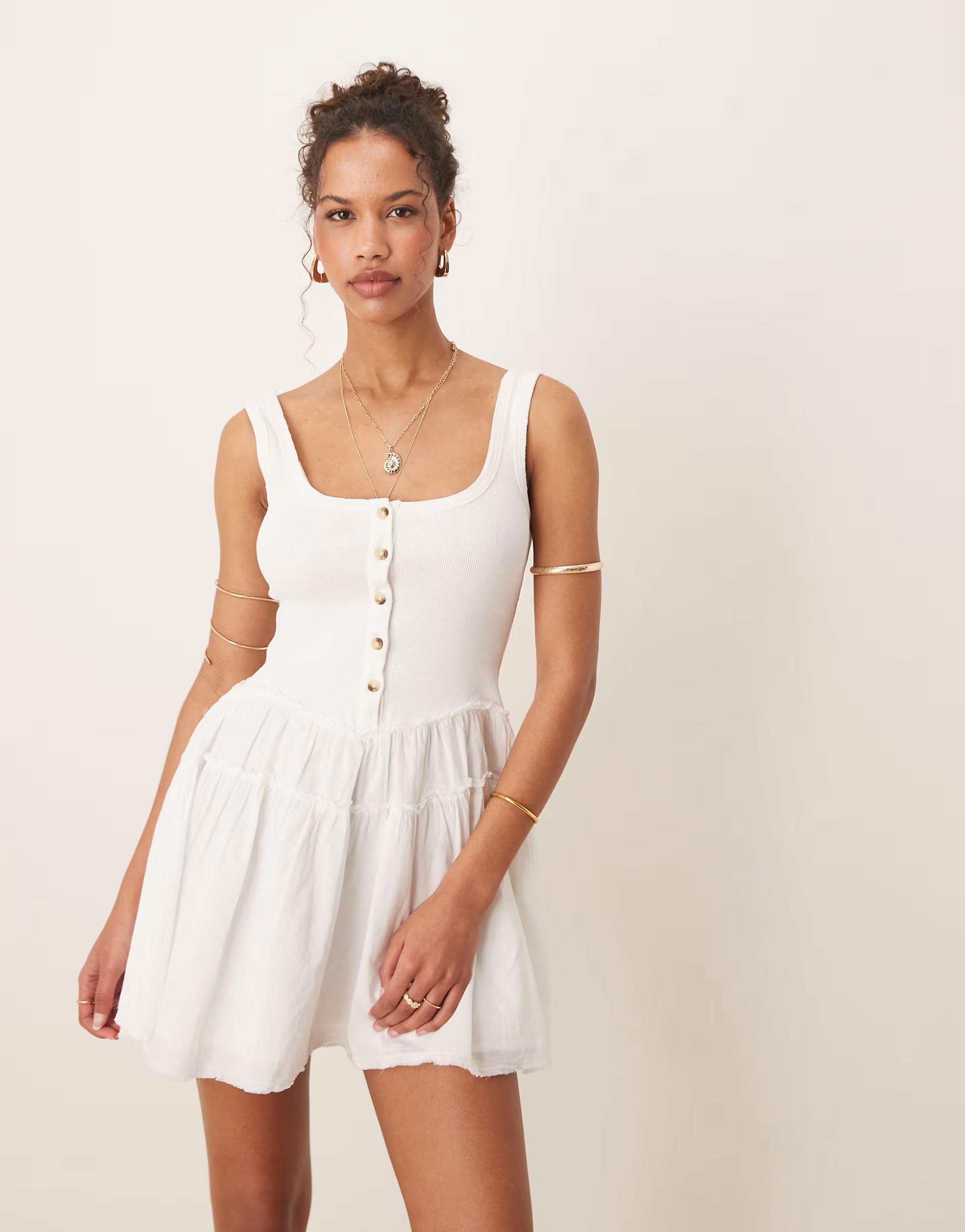ASOS DESIGN scoop button&nbsp;ribbed bodice with poplin skirt mini dress in white | ASOS (Global)