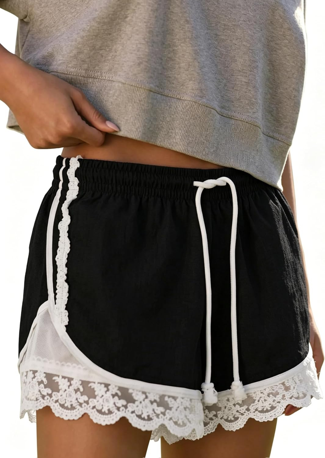 Womens Lace Trim Linen Shorts Drawstring Elasticated Summer Y2K Beach Bottoms Athletic Shorts | Amazon (US)
