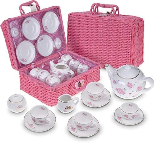 Jewelkeeper Porcelain Tea Set for Little Girls with Pink Picnic Basket, Floral Design, 13 Pieces | Amazon (US)