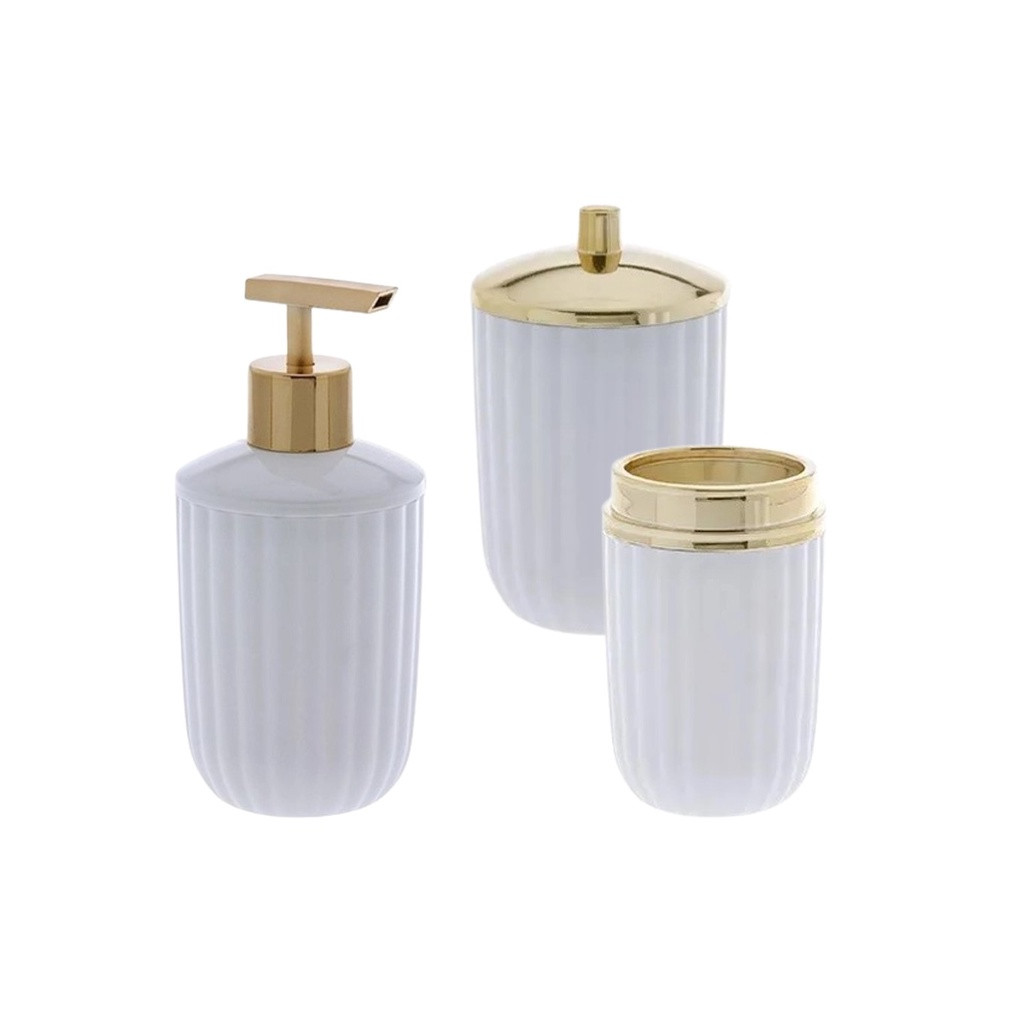 Kit C/ 3 Peças Para Banheiro Lavabo Canellata Branco E Dourado | Shopee (BR)