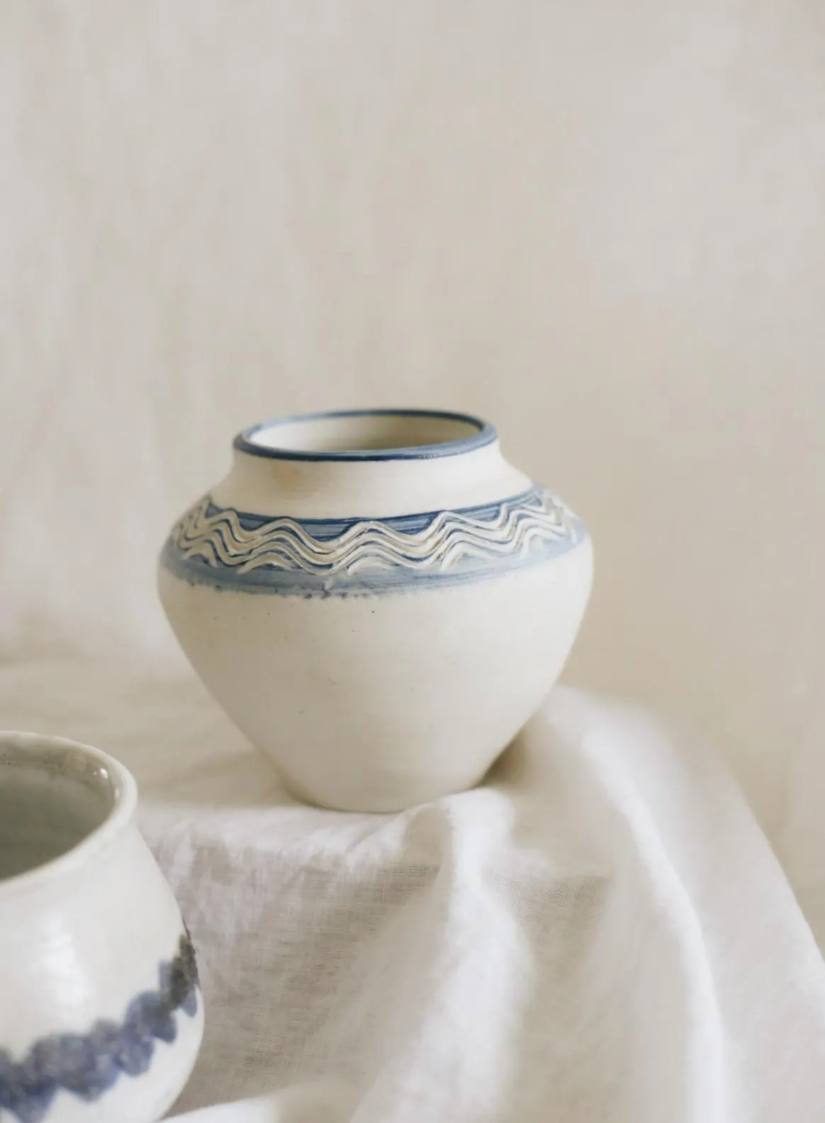 Vintage Signed Handmade Southwest Style Studio Pottery Vase Blue White Geometric Ceramic Art Vessel | Etsy (Global)