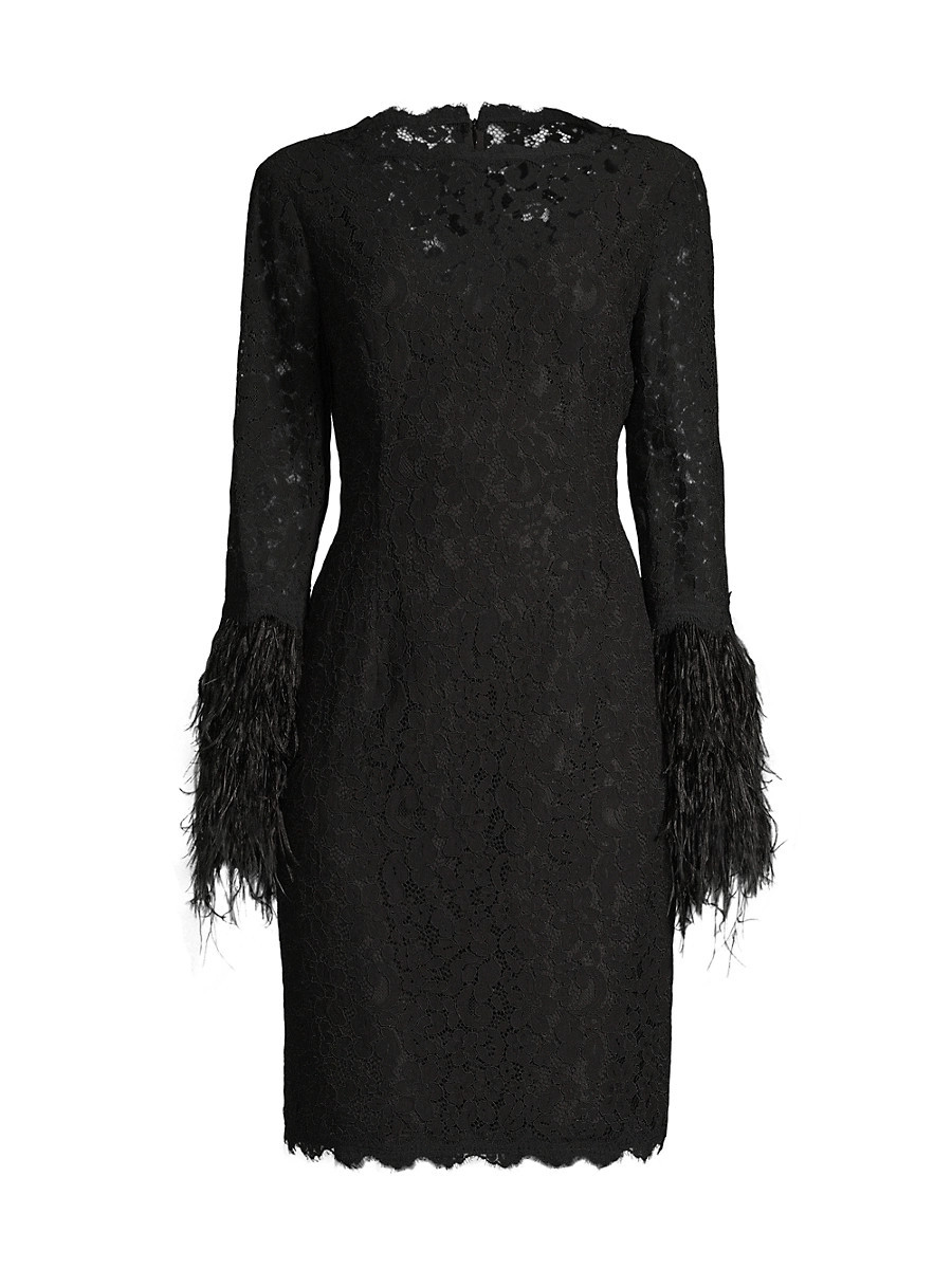 Women's Feather-Trim Lace Sheath Dress - Black - Size 2 | Saks Fifth Avenue