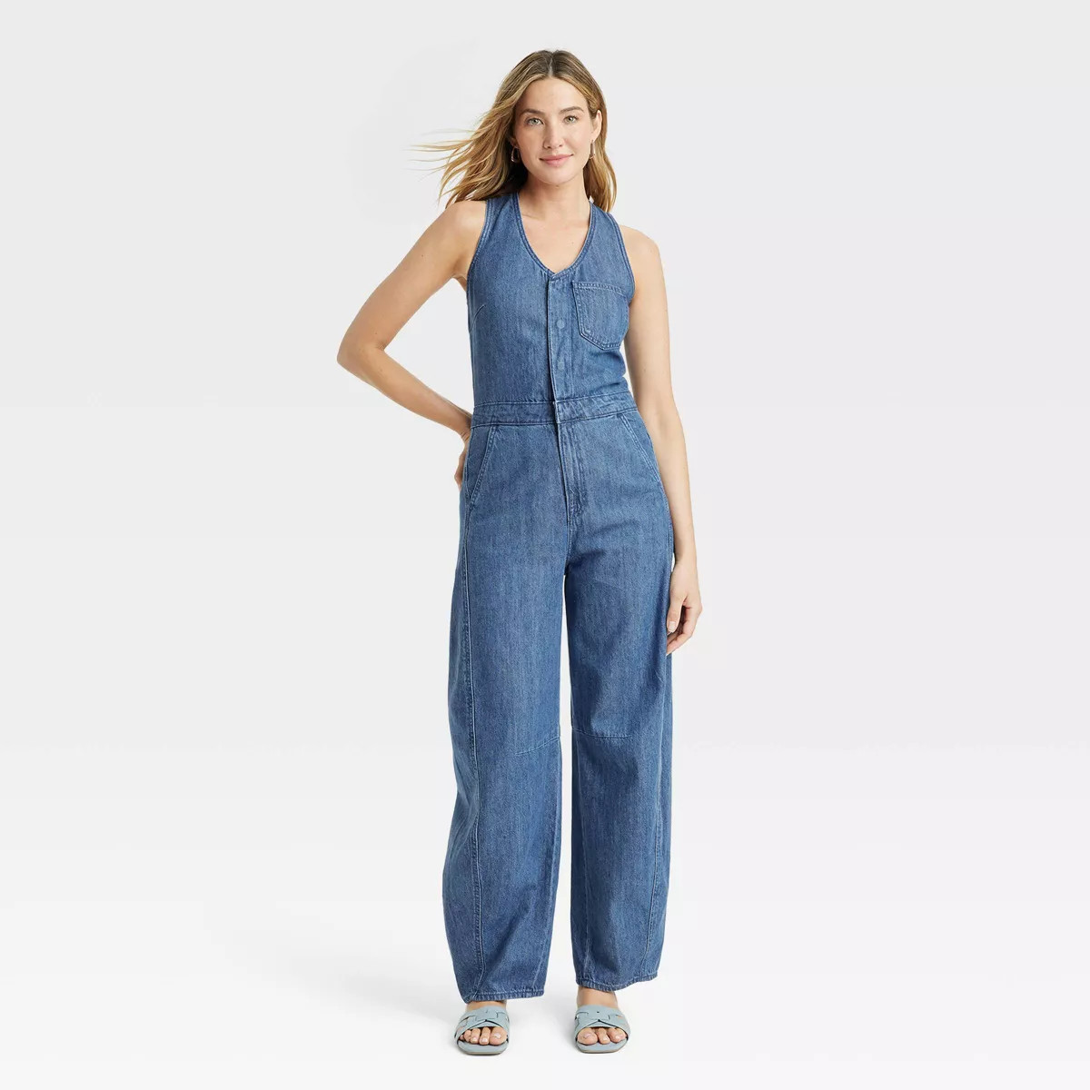 Women's Curved Leg Denim Jumpsuit - Universal Thread™ Medium Wash | Target