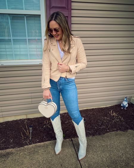 White cowboy boots outfit. White boots. White purse. Heart back. Love shack bag. Kate Spade. Bride to be. Spring outfit. Church outfit  

#LTKstyletip #LTKunder100 #LTKitbag