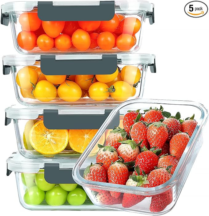 KOMUEE 30 oz 5 Pack Glass Meal Prep Containers, Glass Storage Containers with Lids - Dishwahser, ... | Amazon (US)
