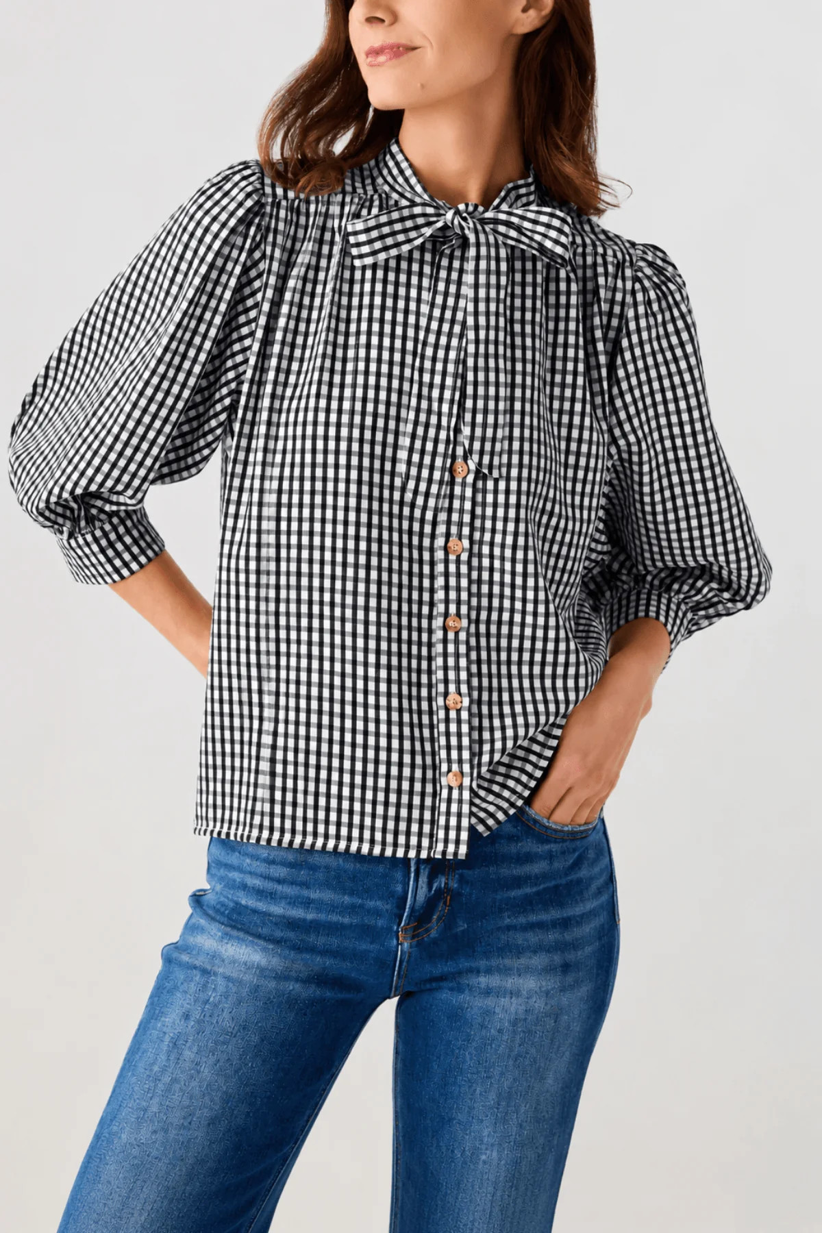 THML Gingham Tie Neck Blouse | Social Threads