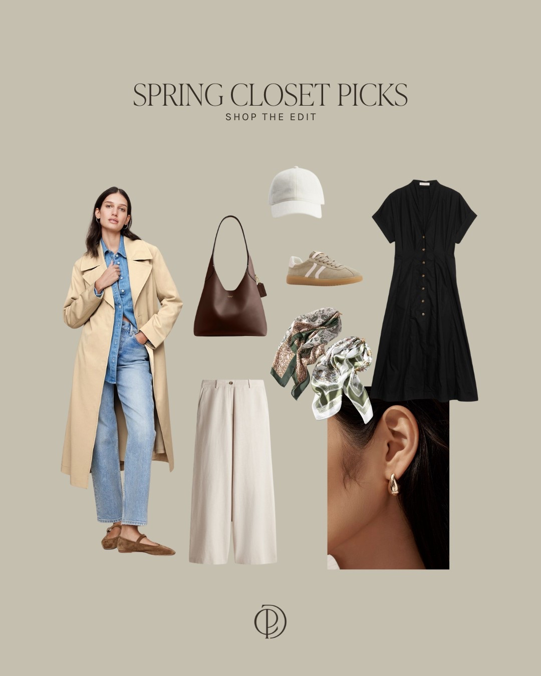 Spring Closet | Wardrobe | Outfits | Tan Trench Coat | White Linen Baseball Cap | Hat | Tan Sneakers | Shoes | Black Dress | Midi | Leather Purse | Shoulder Bag | Banana Republic | H&M | Coach | Aldo | Anthropologie | Bandana | Silk Scarf | Droplet Earrings | Gold | Linen Pants

#LTKstyletip #LTKspring #LTKcanada