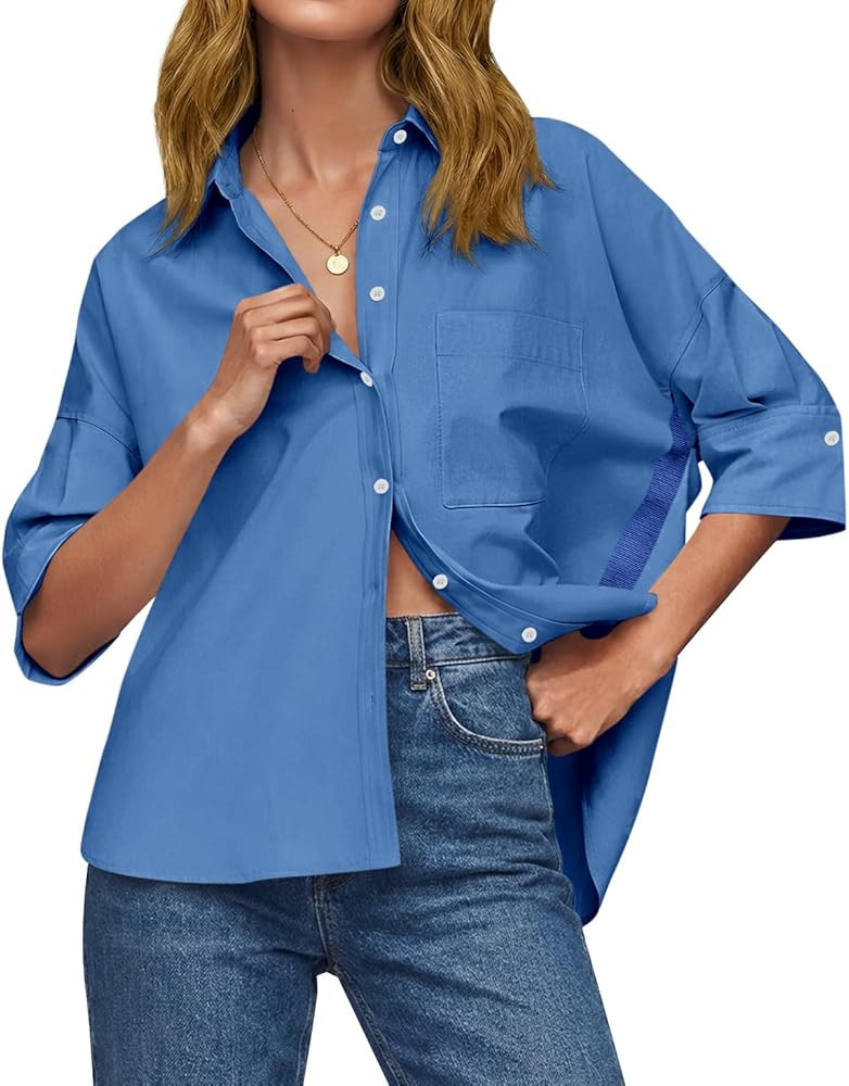 Cicy Bell Womens Summer Oversized Button Down Shirts Half Sleeve V Neck Business Casual High Low ... | Amazon (US)