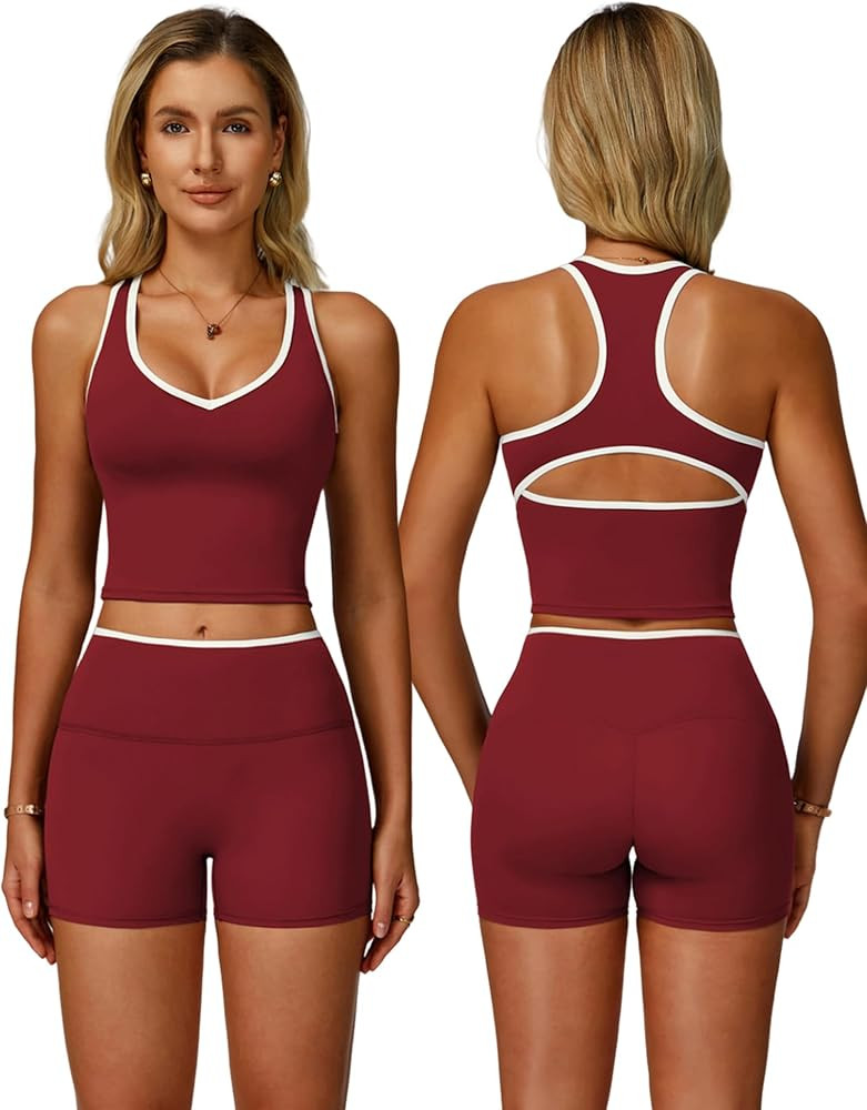 Women 2 Piece Workout Sets Racerback Color Block Tank Top High Waist Tummy Control Shorts Yoga Ou... | Amazon (US)