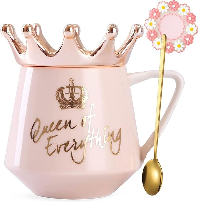 Pink Queen of Everything Mug with Lid Cute Pink Cup with Crown Tea Coffee Mugs Gift with Spoon & ... | Amazon (US)