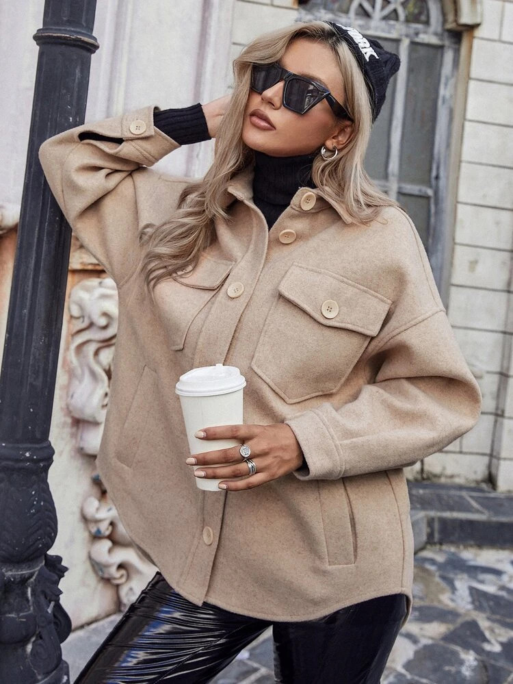 Flap Pocket Drop Shoulder Overcoat | SHEIN