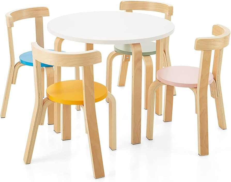 HONEY JOY Kids Table and Chair Set, Bentwood Toddler Round Table and 4 Chairs for Craft Art, Buil... | Amazon (US)