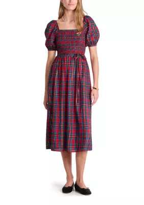 Vineyard Vines Women's Smocked Puff Sleeve Plaid Midi Dress, Small | Belk