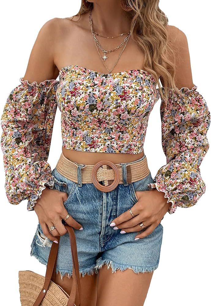 MakeMeChic Women's Off Shoulder Lantern Sleeve Crop Top Boho Ditsy Floral Blouse Shirt | Amazon (US)