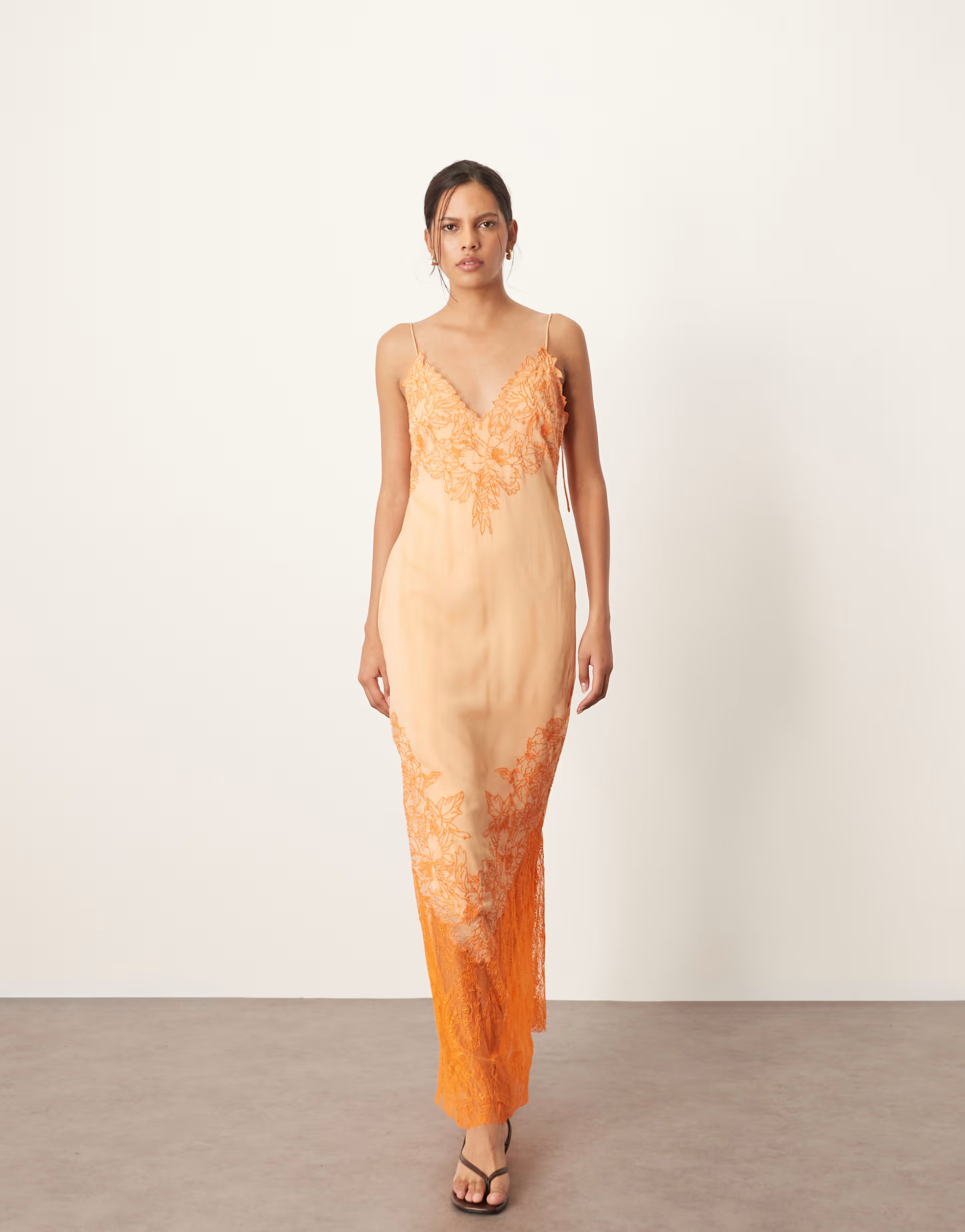 ARRANGE applique embroidered lace paneled cami maxi dress in peach | ASOS (Global)