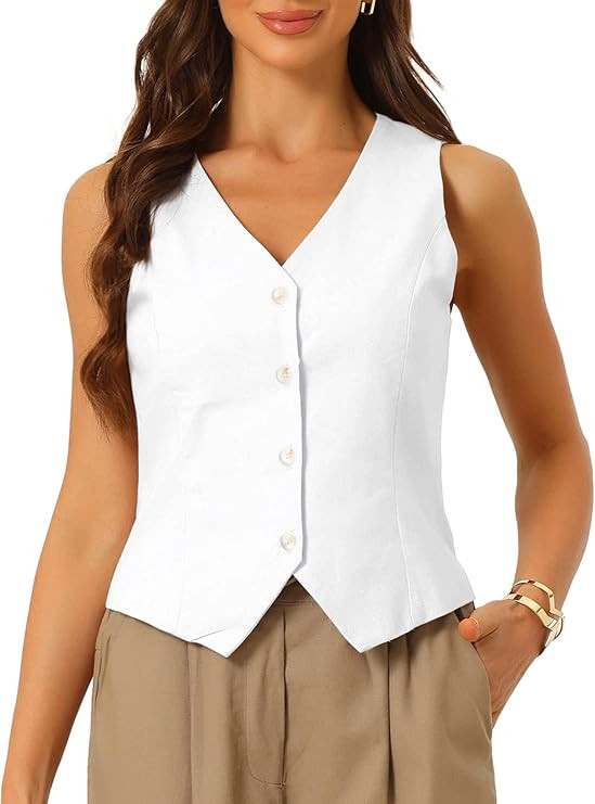 Allegra K Vest for Women Summer Linen Sleeveless Button Down V Neck Fully Lined Cropped Waistcoat... | Amazon (US)