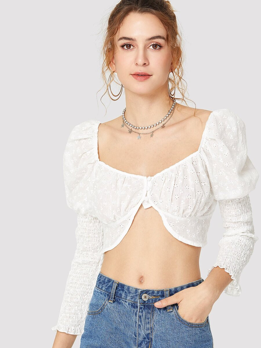 Puff Sleeve Button Front Crop Top | SHEIN