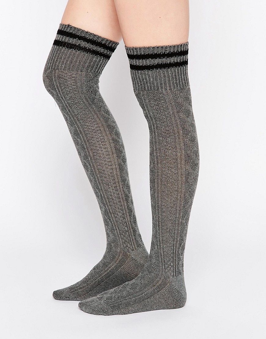 ASOS 2 Stripe Cable Over The Knee Socks - Gray | ASOS US